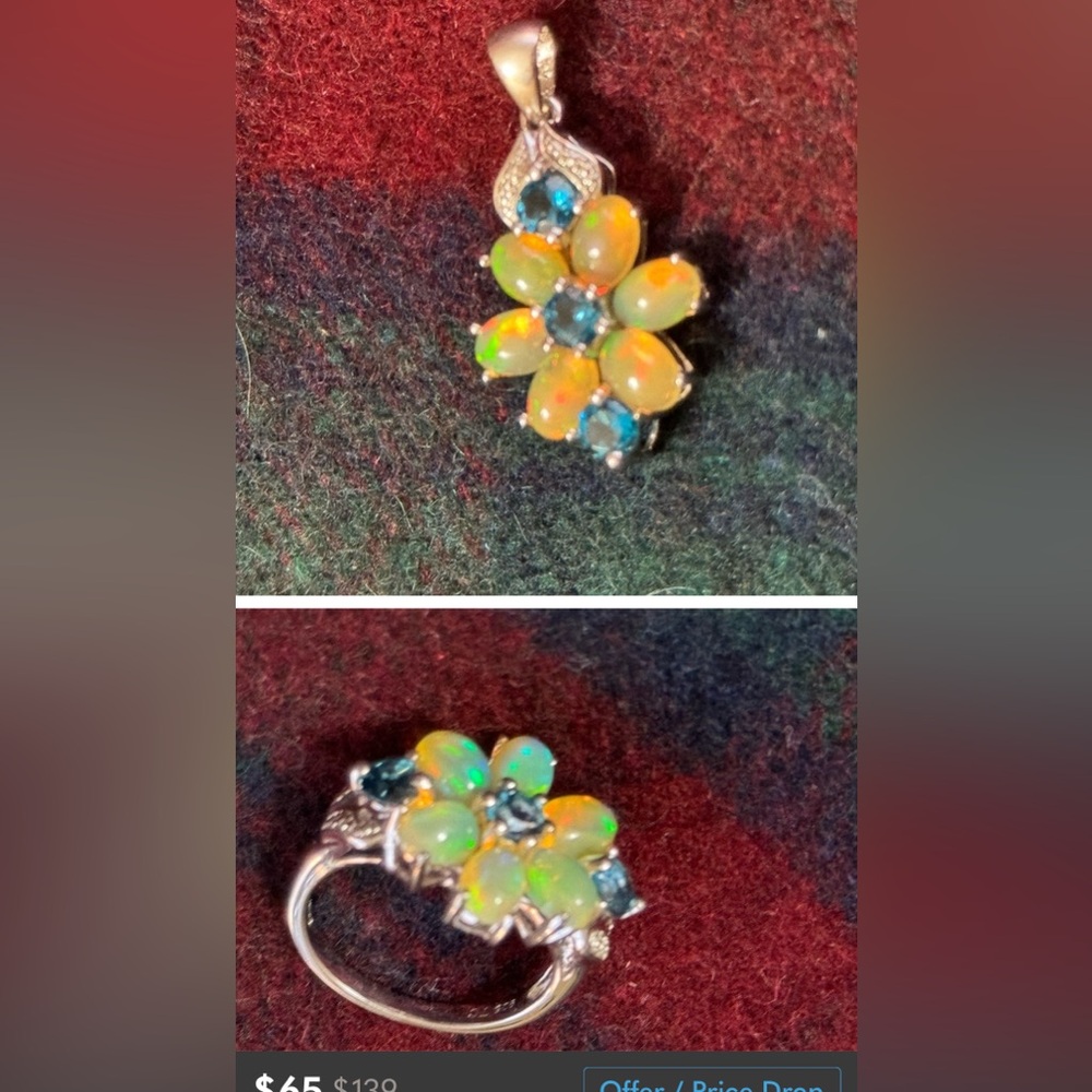 Set (pendant & ring) of Ethiopian opals & London blue Topaz.